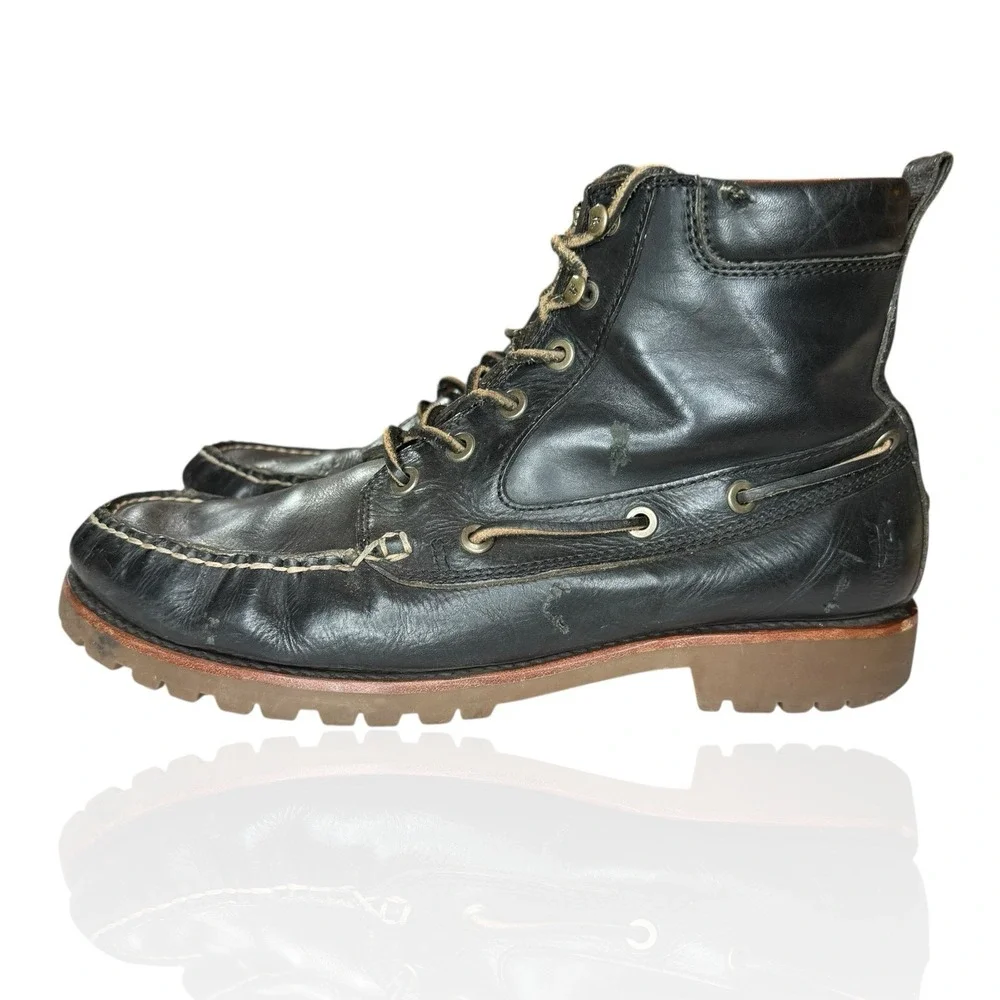 Frye Boots Men's Size 10.5 Black Leather Made In USA Lace Up Apron Moc Toe Shoes
